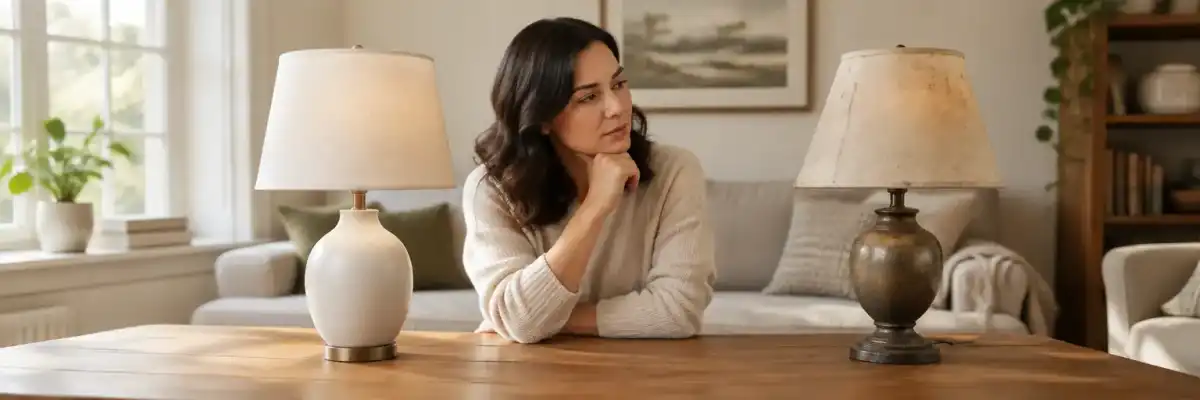Person comparing a new table lamp with an older worn lamp at home