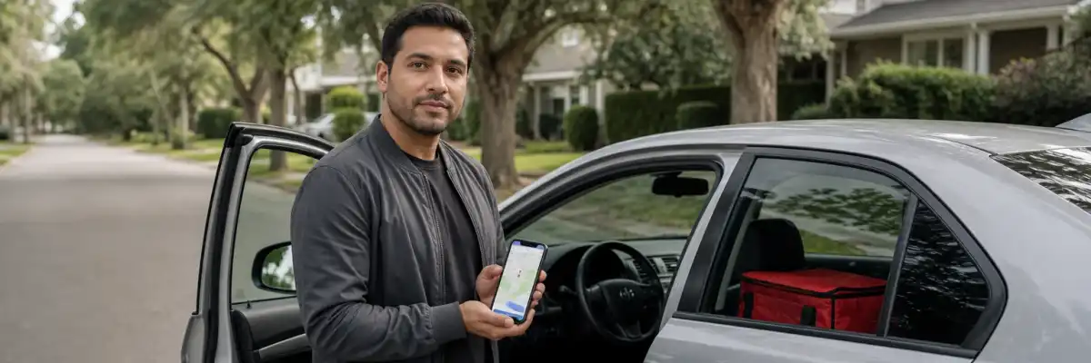 Rideshare and delivery driver holding a smartphone showing a map next to a silver sedan on a calm suburban street, with a red insulated delivery bag visible on the rear passenger seat