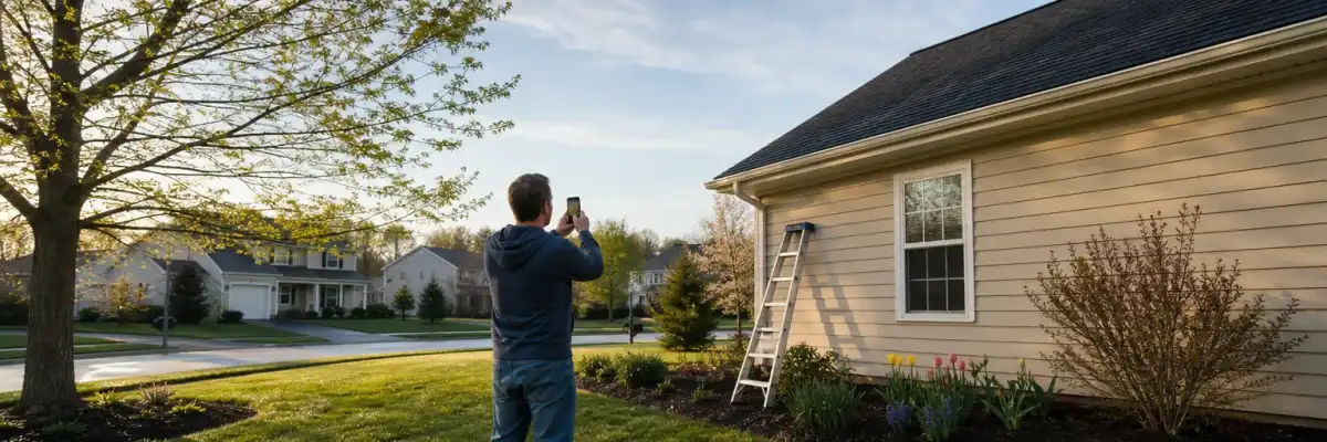 Homeowner walking the perimeter of a suburban home on a spring morning — cleaning gutters, checking downspouts, and photographing roof shingles for pre-storm insurance documentation.
