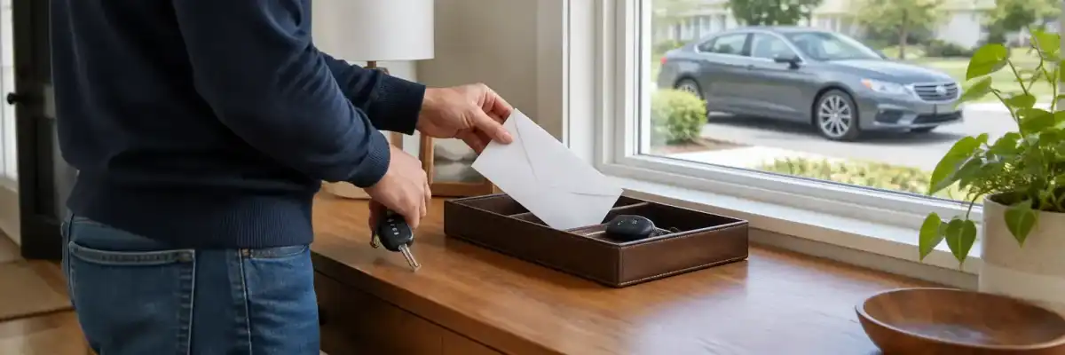Driver organizing a sealed envelope and car keys at a home desk