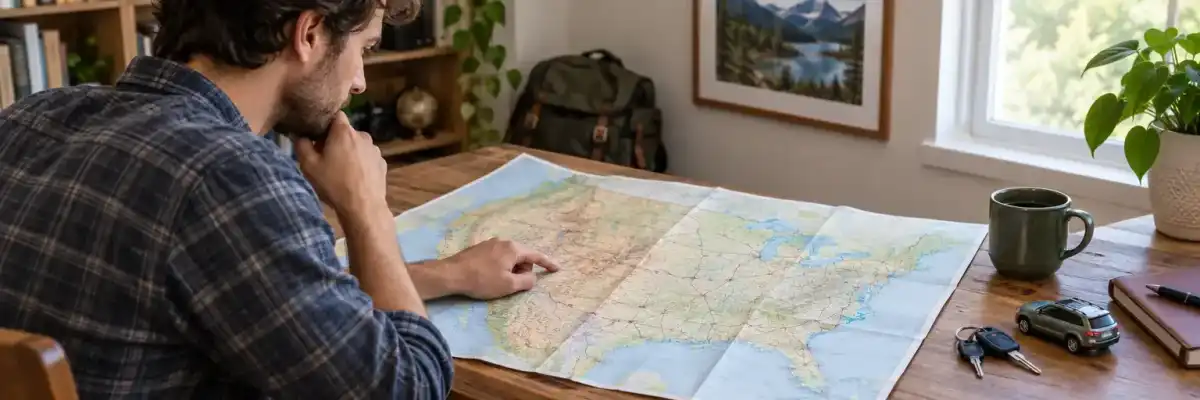 Driver planning a multi-state road trip with a paper map and car keys