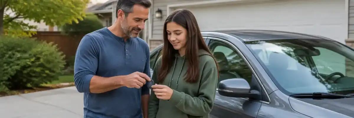 Parent and teenage driver reviewing car keys beside a parked car