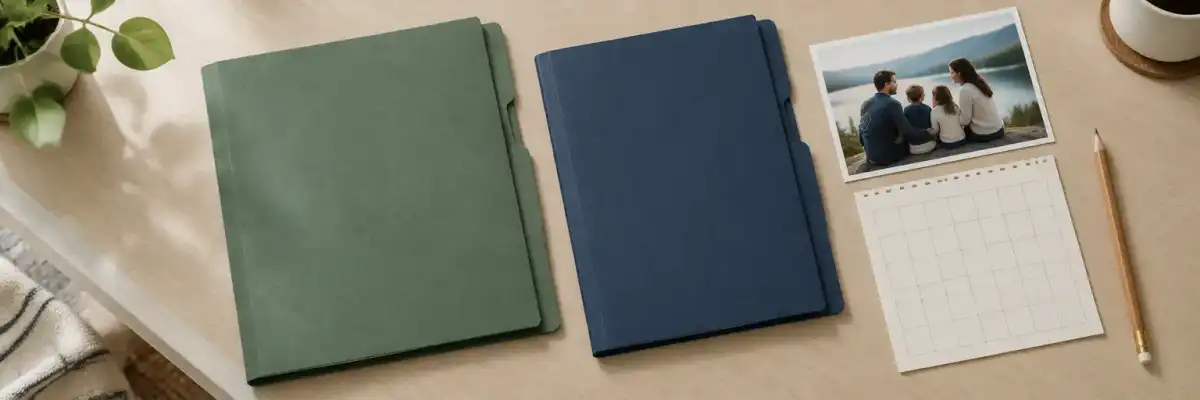 Two unlabeled folders and a family photo representing a life insurance comparison