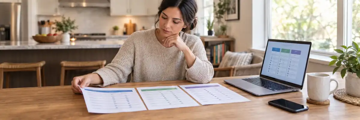 Adult reviewing multiple health insurance plan summaries at a kitchen table during open enrollment