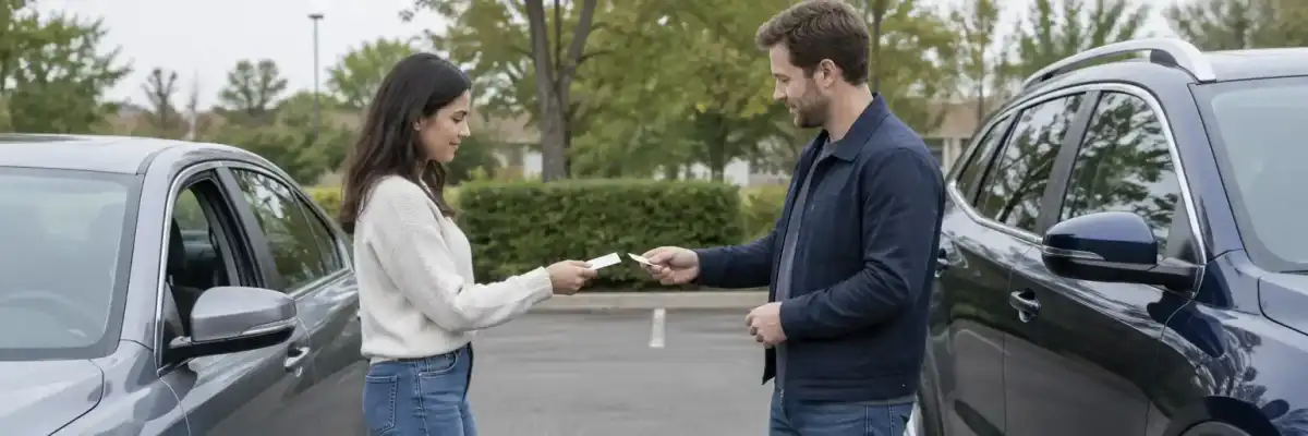 Two drivers exchanging contact information beside parked cars