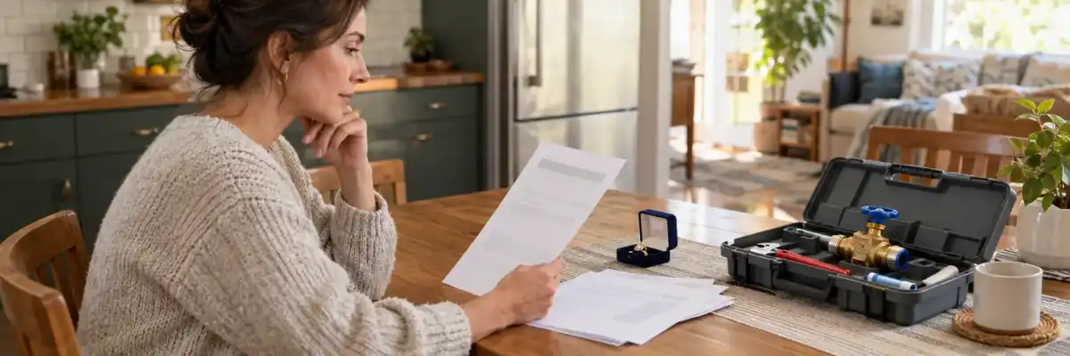Homeowner reviewing coverage details beside valuables and a plumbing toolkit