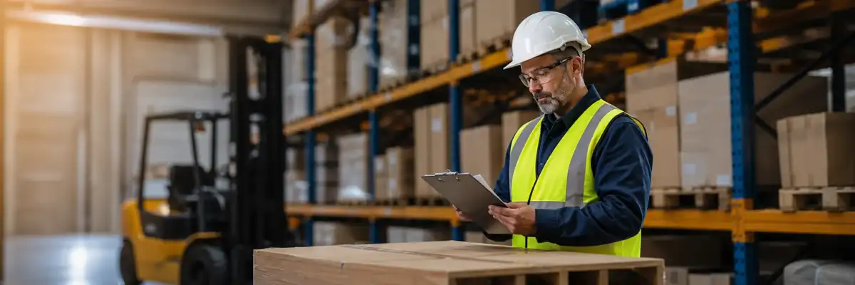 Warehouse worker in a hard hat and hi-vis vest reviewing a safety checklist on a clipboard beside stacked shelving.