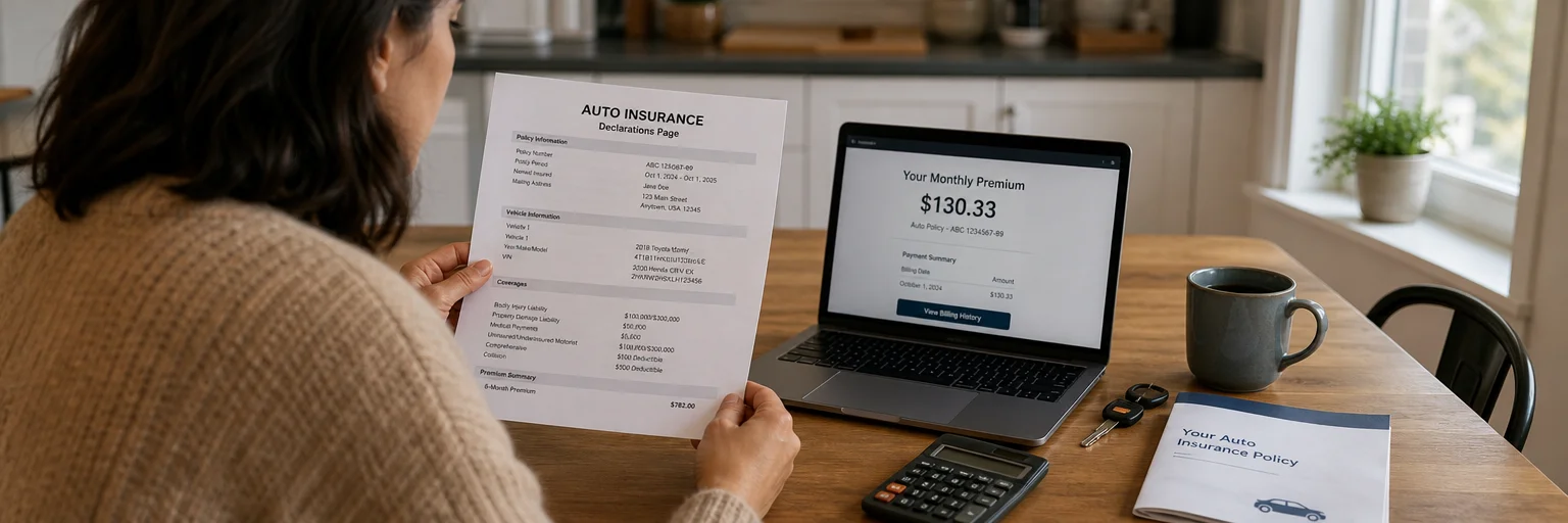 Driver reviewing auto insurance declarations page and monthly premium statement at a home table with car keys and a calculator