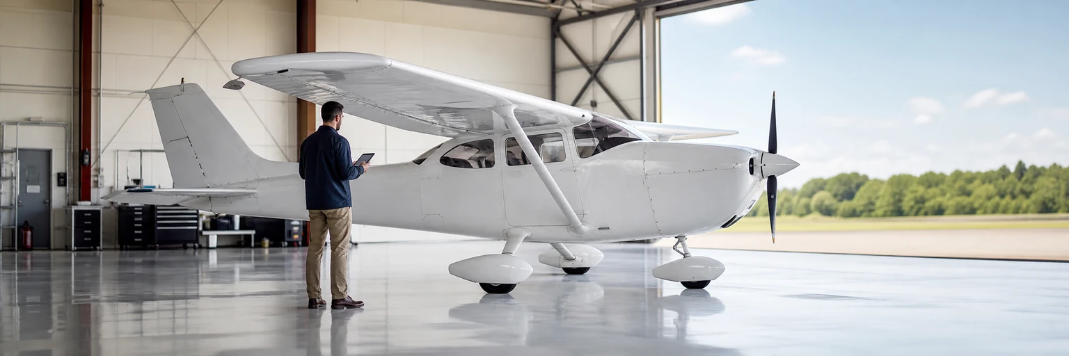 Small single-engine aircraft in a hangar during a preflight inspection with blank planning materials