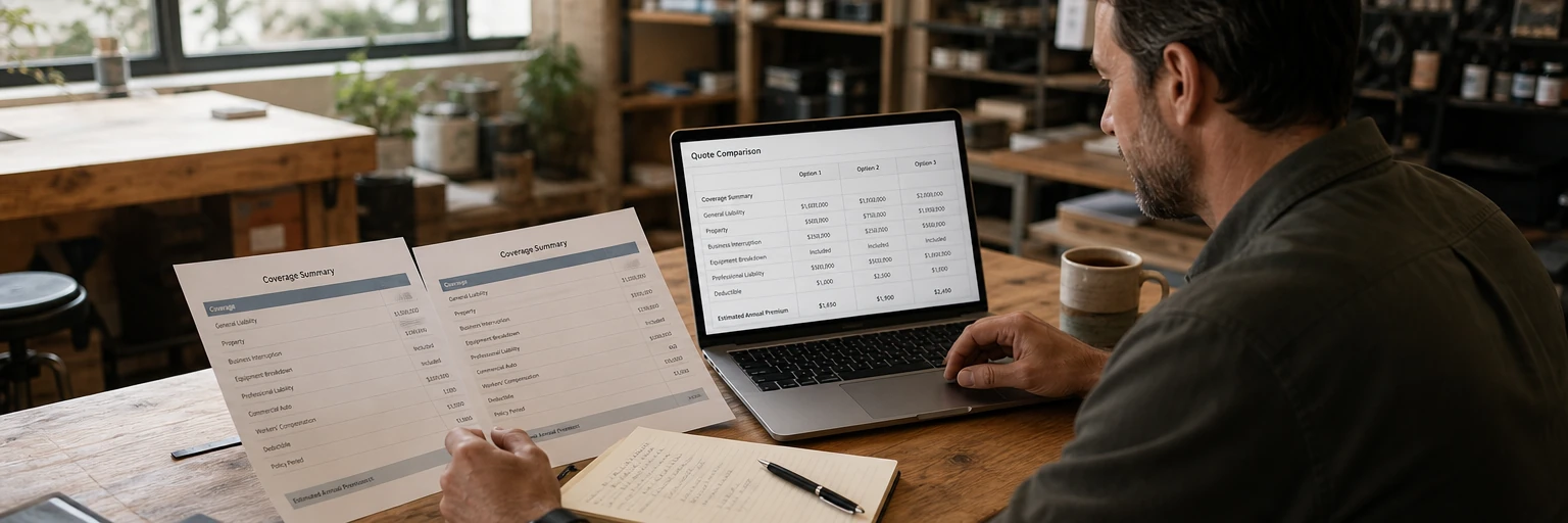 Small business owner comparing insurance carrier quotes at an office desk with a laptop, comparison sheets, and a notepad