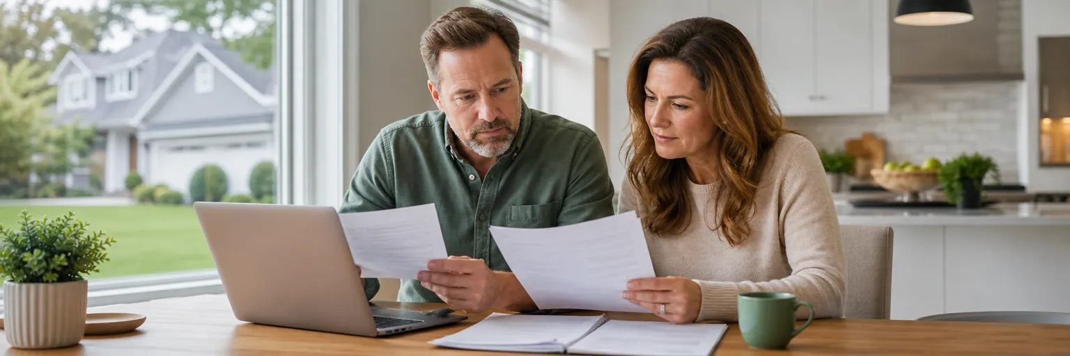 Homeowners comparing two insurance quotes on a laptop and a printout at a kitchen table