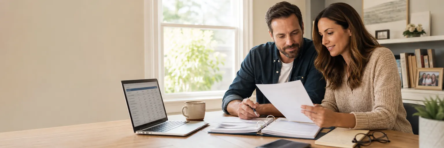 Couple reviewing life insurance options together at a kitchen table with a laptop and notebook