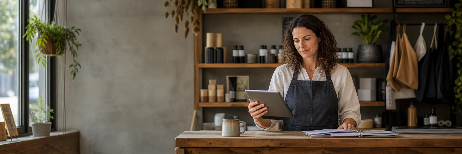 Small-business owner reviewing an insurance policy summary on a tablet at a workspace