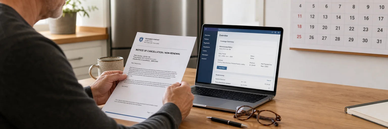 Policyholder reviewing a printed insurance cancellation notice at a kitchen table next to a laptop and calendar