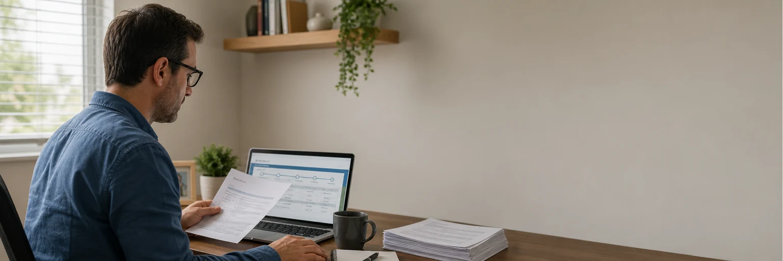 Policyholder reviewing a denied insurance claim letter alongside policy documents