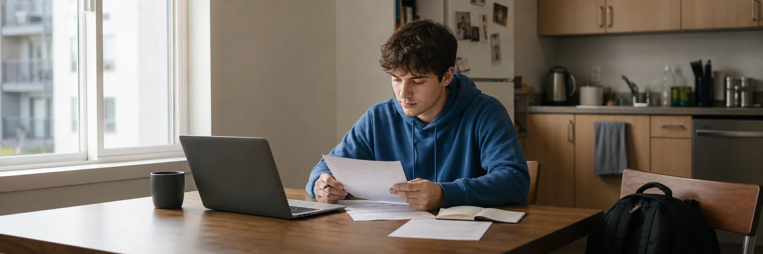 Young adult reviewing insurance paperwork at a kitchen table with a laptop and backpack nearby