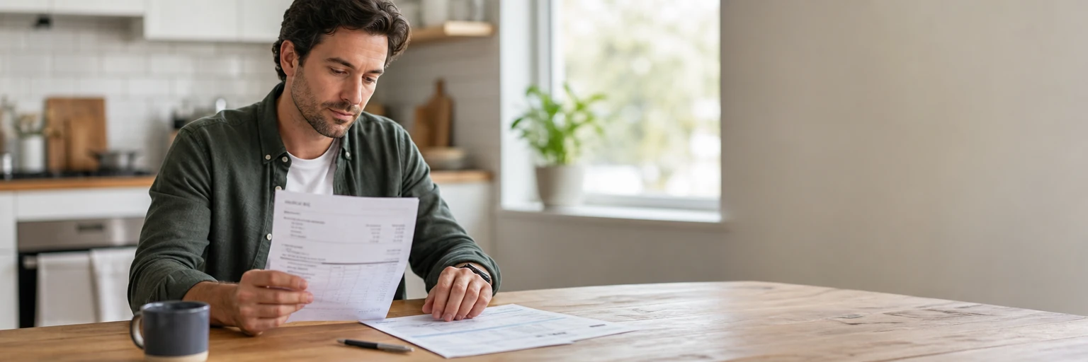 Person at a kitchen table reviewing a medical bill alongside an insurance explanation of benefits