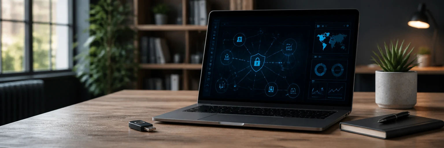Small-business desk with a laptop showing an abstract network-security dashboard beside a hardware security key