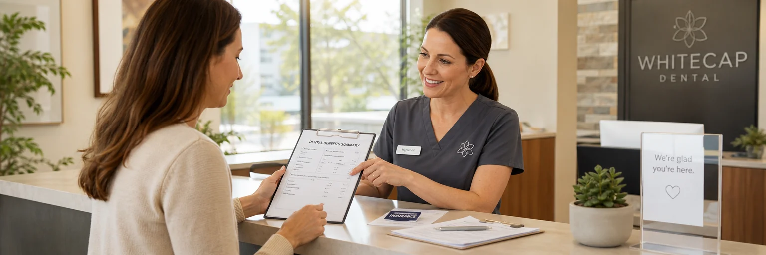 Adult patient reviewing a printed dental benefits summary with a friendly hygienist at a daylit reception desk