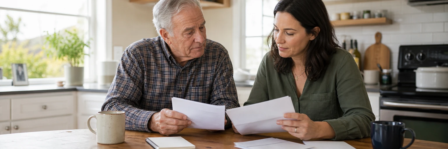 Older adult and adult family member reviewing simple end-of-life paperwork at a kitchen table in daylight