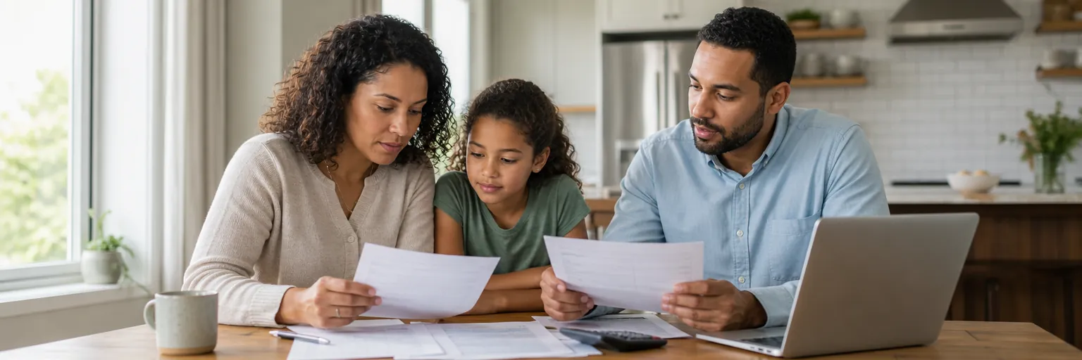 Family reviewing health insurance paperwork at a kitchen table with a laptop and calculator