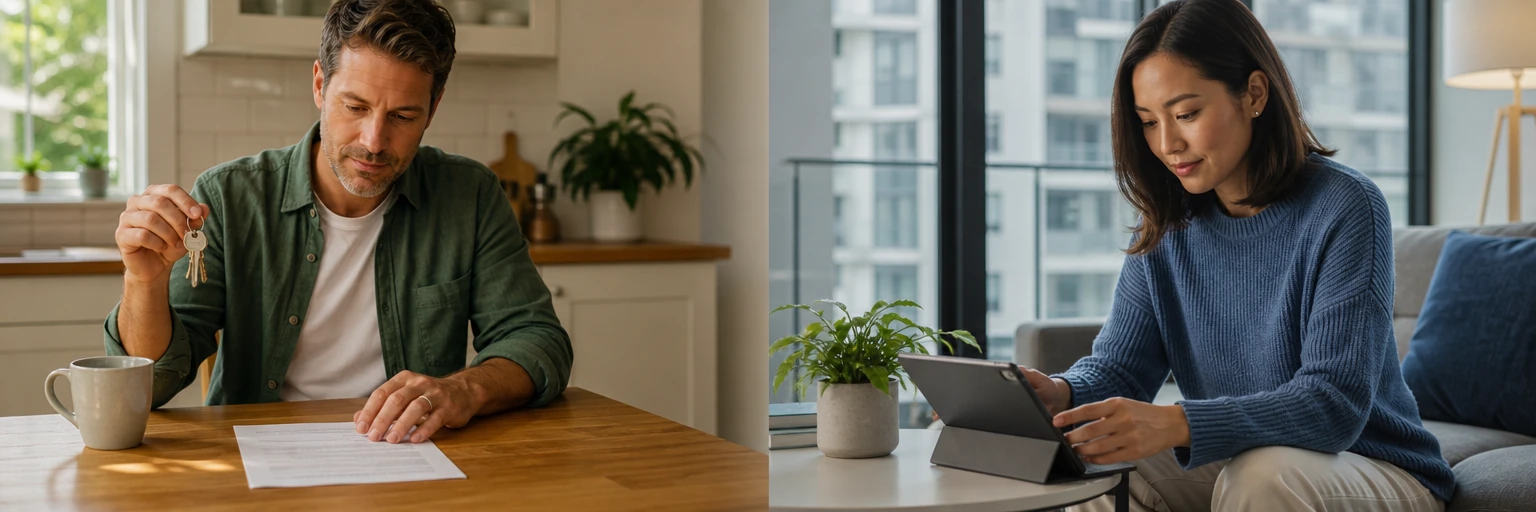 Split composition contrasting a homeowner reviewing a homeowners policy on a porch with a renter reviewing a renters policy in an apartment doorway
