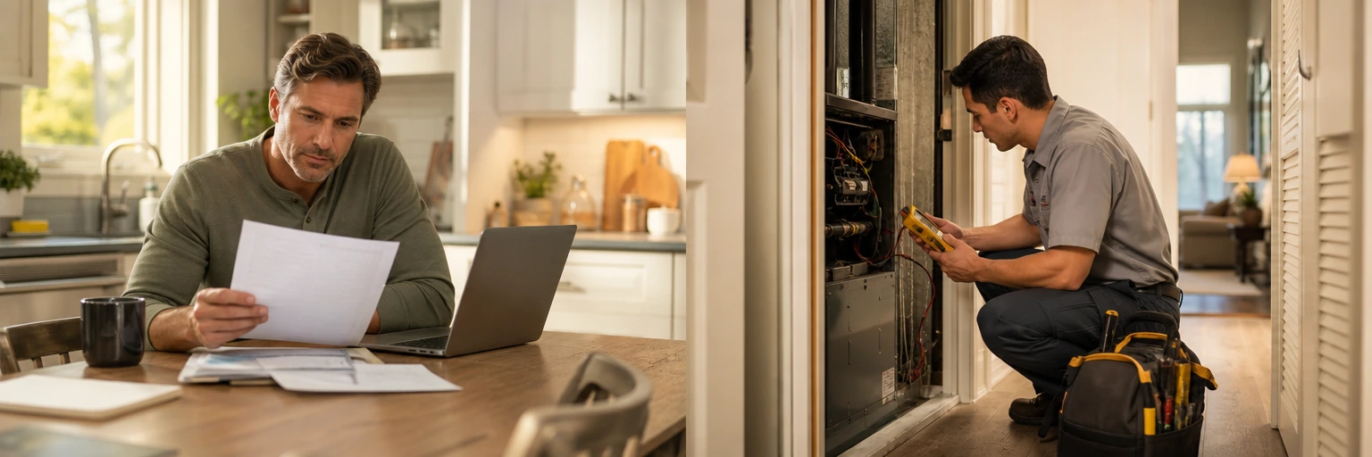 Split composition contrasting a homeowner reviewing an insurance declarations page at a kitchen table with an HVAC technician servicing an air handler in the same home