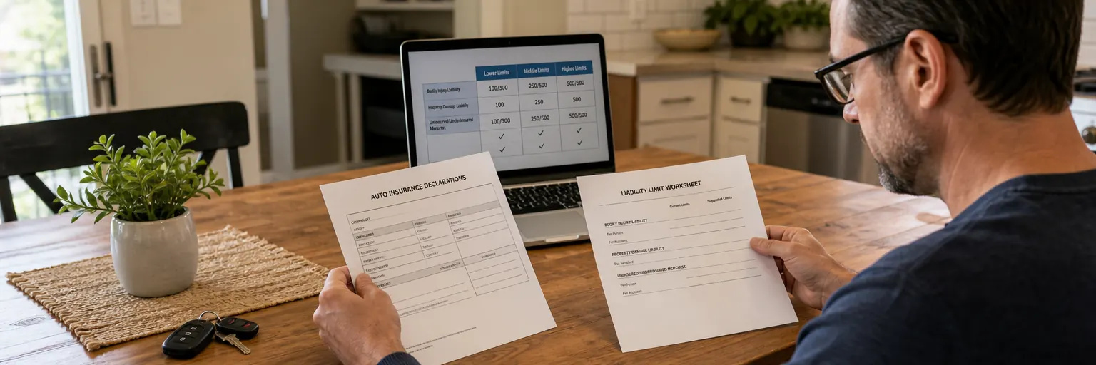 Adult at a kitchen table reviewing an auto insurance declarations page and a printed liability-limit worksheet with split-limit notation like 100/300/100