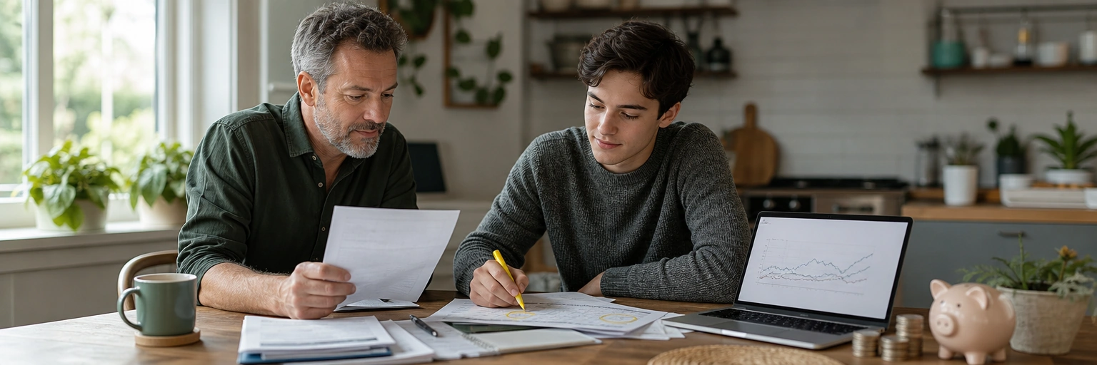 Household reviewing an insurance premium bill and a printed comparison chart at a kitchen table, with a highlighter marking bundle-discount and deductible-adjustment savings opportunities
