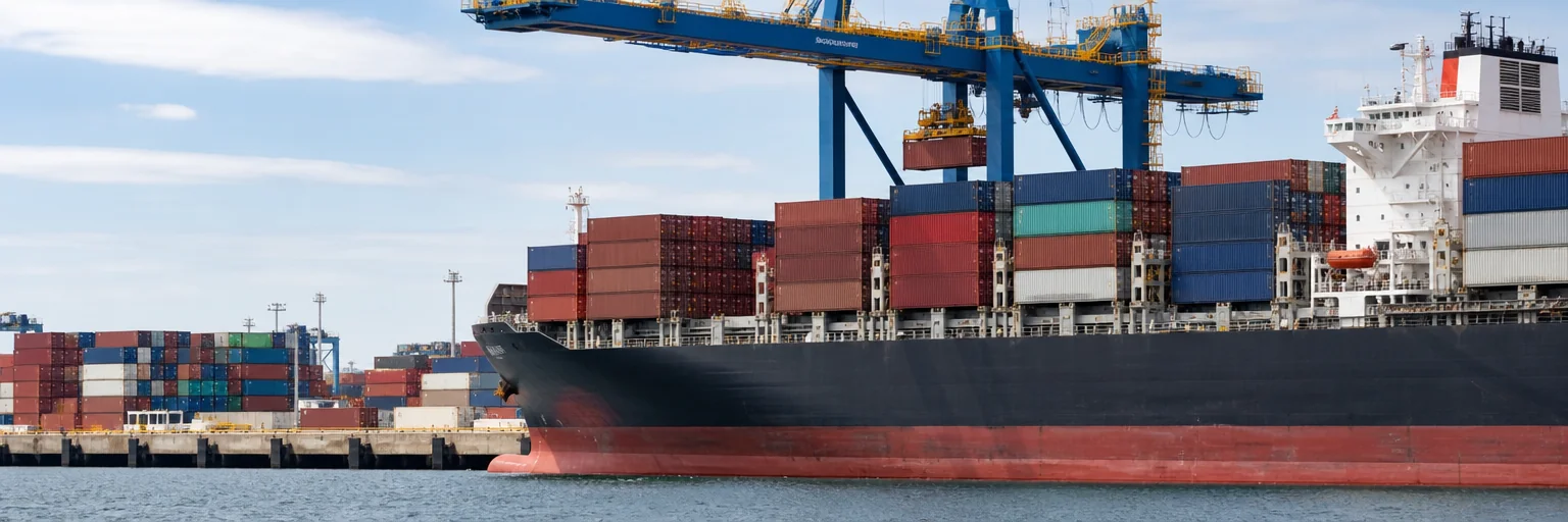 Container ship at a commercial port with stacked cargo containers and a dockside gantry crane