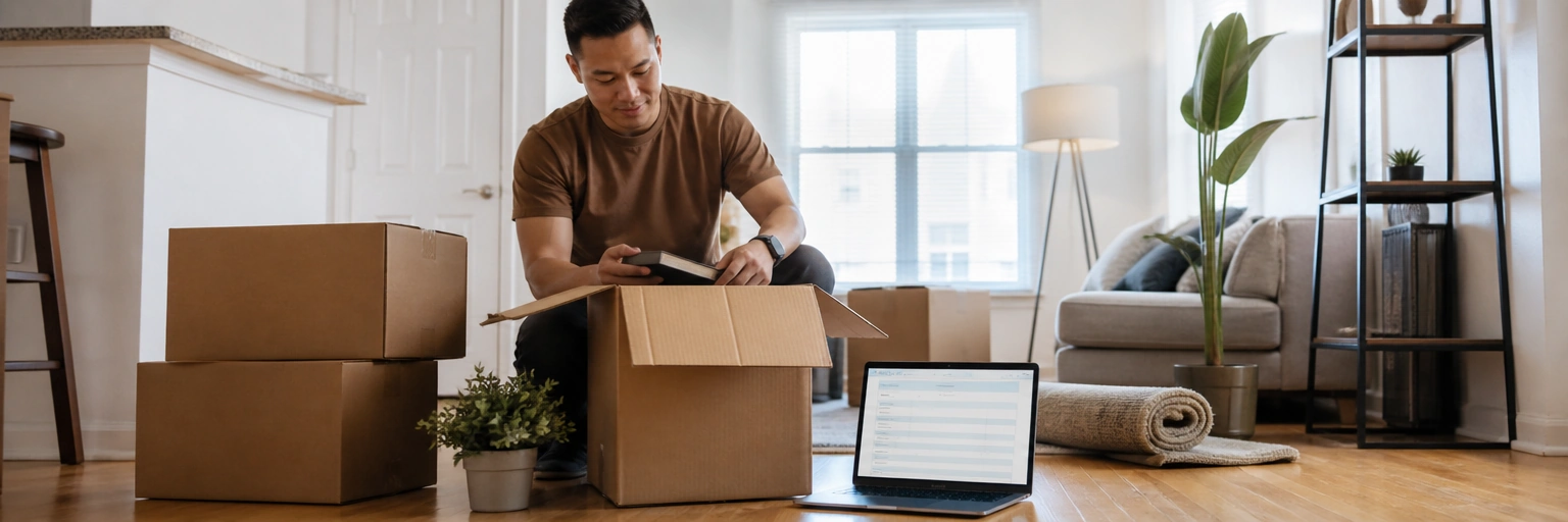 Young adult renter unpacking moving boxes in a bright modern apartment living room with a laptop on the floor showing a renters insurance quote form