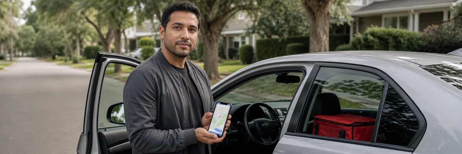 Rideshare and delivery driver holding a smartphone showing a map next to a silver sedan on a calm suburban street, with a red insulated delivery bag visible on the rear passenger seat