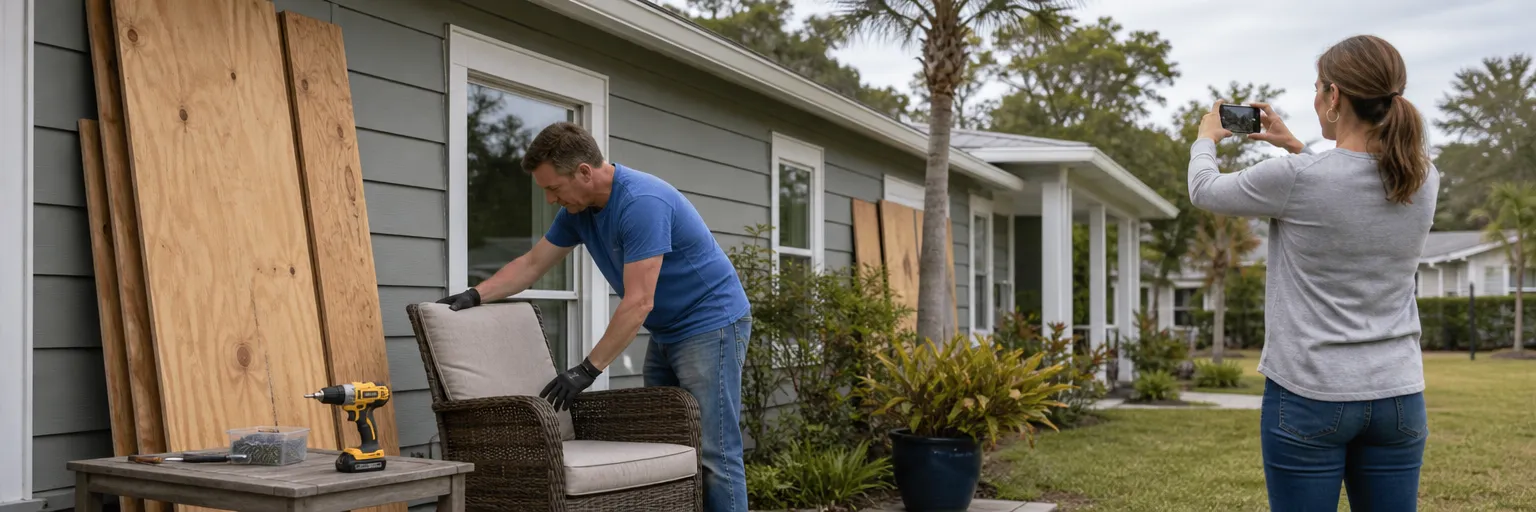 Homeowner doing pre-storm hurricane preparation: securing patio furniture beside stacked window panels while a second person photographs the home exterior